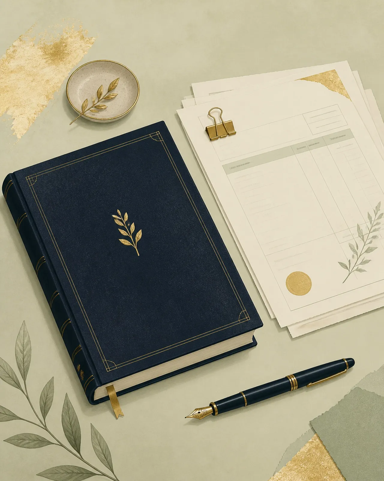 A ledger book and invoices